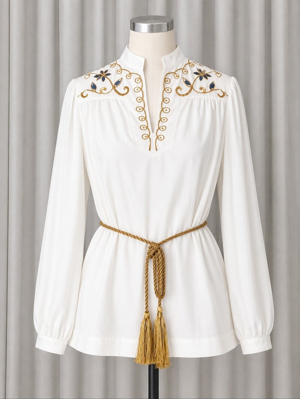 Vintage Caron Chicago White  Embellished Belted Blue Accents Western Boho Blouse